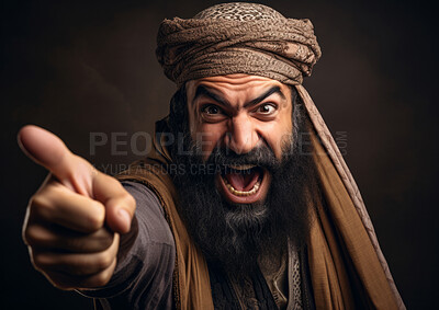 Buy stock photo Model in traditional religious clothes. Pointing. Emotionally charged. Religion concept.