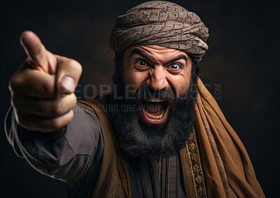 Buy stock photo Model in traditional religious clothes. Pointing. Emotionally charged. Religion concept.