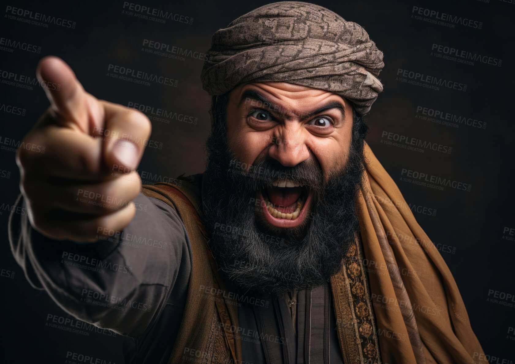 Buy stock photo Model in traditional religious clothes. Pointing. Emotionally charged. Religion concept.