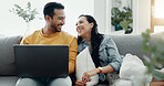 Couple, laptop and laugh on sofa in home for meme, watch movies and streaming funny multimedia. Happy man, woman and relax at computer in living room on social media, web subscription or comedy show