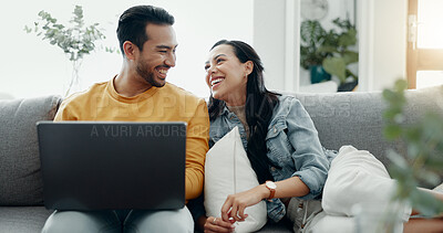 Buy stock photo Home laptop, happy and relax couple search internet, website or online shopping for lounge couch. Partner, eye contact and romantic man, woman or people research relationship info, news or media post