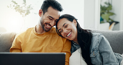Buy stock photo Home laptop, relax and couple laughing at funny video, social network meme or comedy movie, film or internet joke. Computer, lounge sofa and happy man, woman or marriage people streaming media comic