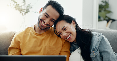Happy couple, laptop and relax in home for love, watch comedy movies or scroll website for online shopping. Man, woman and laugh for funny joke on computer, social media subscription and meme on sofa