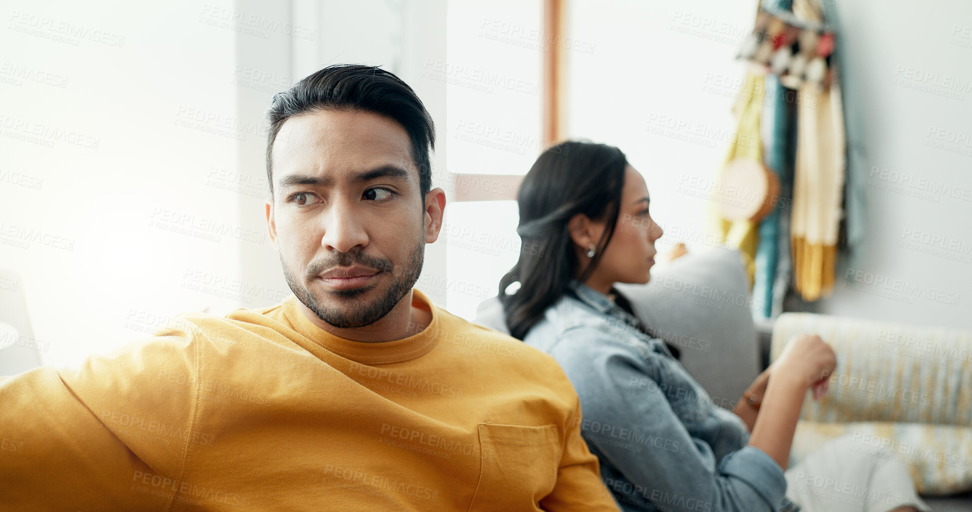 Buy stock photo Conflict, silence and couple angry on a couch together with drama, argument and toxic relationship in a home. Unhappy, divorce and man with marriage problem with woman and stress in living room sofa