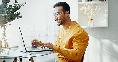 Buy stock photo Remote work, laptop and happy man with digital work for online project, planning and article. Working from home, small business and male person on computer for networking, research and blog proposal