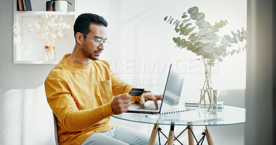 Buy stock photo Home, laptop or man with a credit card, ecommerce or online banking with transactions, payment or discount code. Person, pc or guy with finance, digital sale or fintech with web promotion or purchase