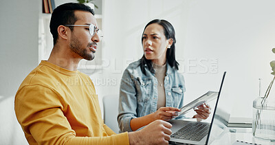 Buy stock photo Home budget, stress and couple with laptop, argument and anxiety for bills, banking and mortgage. Fight, debt and paperwork, man and woman at computer with taxes, payment and payment crisis in house.