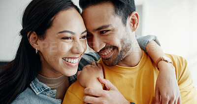 Buy stock photo Home, face and couple hug, care and smile for romantic bond, relationship security and relax in vacation house. Love, together and happy people, man or woman embrace husband, boyfriend or partner