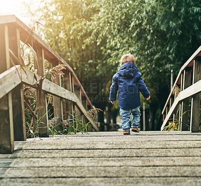 Buy stock photo Rear view shot of a little boy crossing a bridge at a park