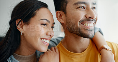 Buy stock photo Window view, face and happy couple hug, care and smile for romantic bond, relationship security and watch people. Home love, weekend together and morning marriage people, man or woman embrace partner