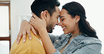 Couple, forehead touch and hug in living room with love, bonding and happy people together at home. Healthy relationship, trust and support in commitment, partner and dancing, romance and intimacy
