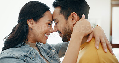 Buy stock photo Hug, love and couple with forehead in living room of new home for bonding, relationship and care. Dating, marriage and happy man and woman embrace for commitment, trust and romance in apartment
