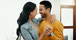 Dance, happy and a couple in a house for romance, love or support together. Funny, smile and a laughing man and woman with fun, honeymoon and bonding in a living room for a date, care or affection