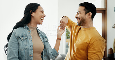 Buy stock photo Couple, dancing in living room and love, bonding and happy people together at home. Healthy relationship, trust and support in commitment, partner and marriage, romance and intimacy with laughter