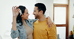 Love, keys and smile with couple in new house for moving, real estate and investment. Property, excited and future with portrait of man and woman at home for opportunity, success or marriage together
