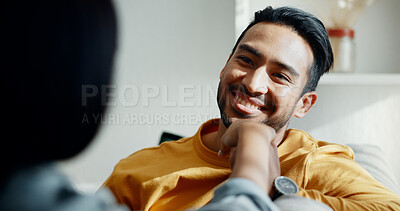 Buy stock photo Happy man, home face and couple holding hands, love and smile for bonding quality time, intimacy or relationship support. Trust, commitment and romantic husband, boyfriend or person care for partner