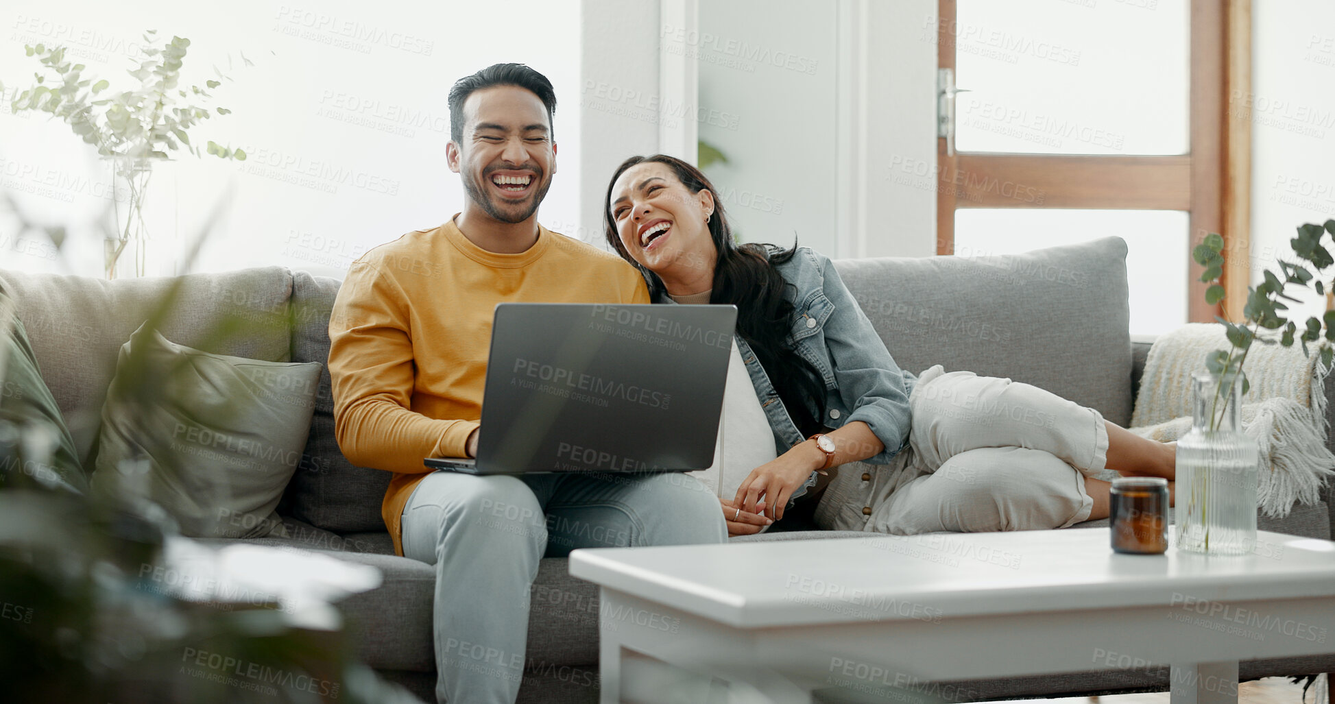 Buy stock photo Laptop, relax and happy couple laughing at online video, social network meme or watch comedy movie. Lounge, computer or home boyfriend, girlfriend or silly people streaming media, film or humour show