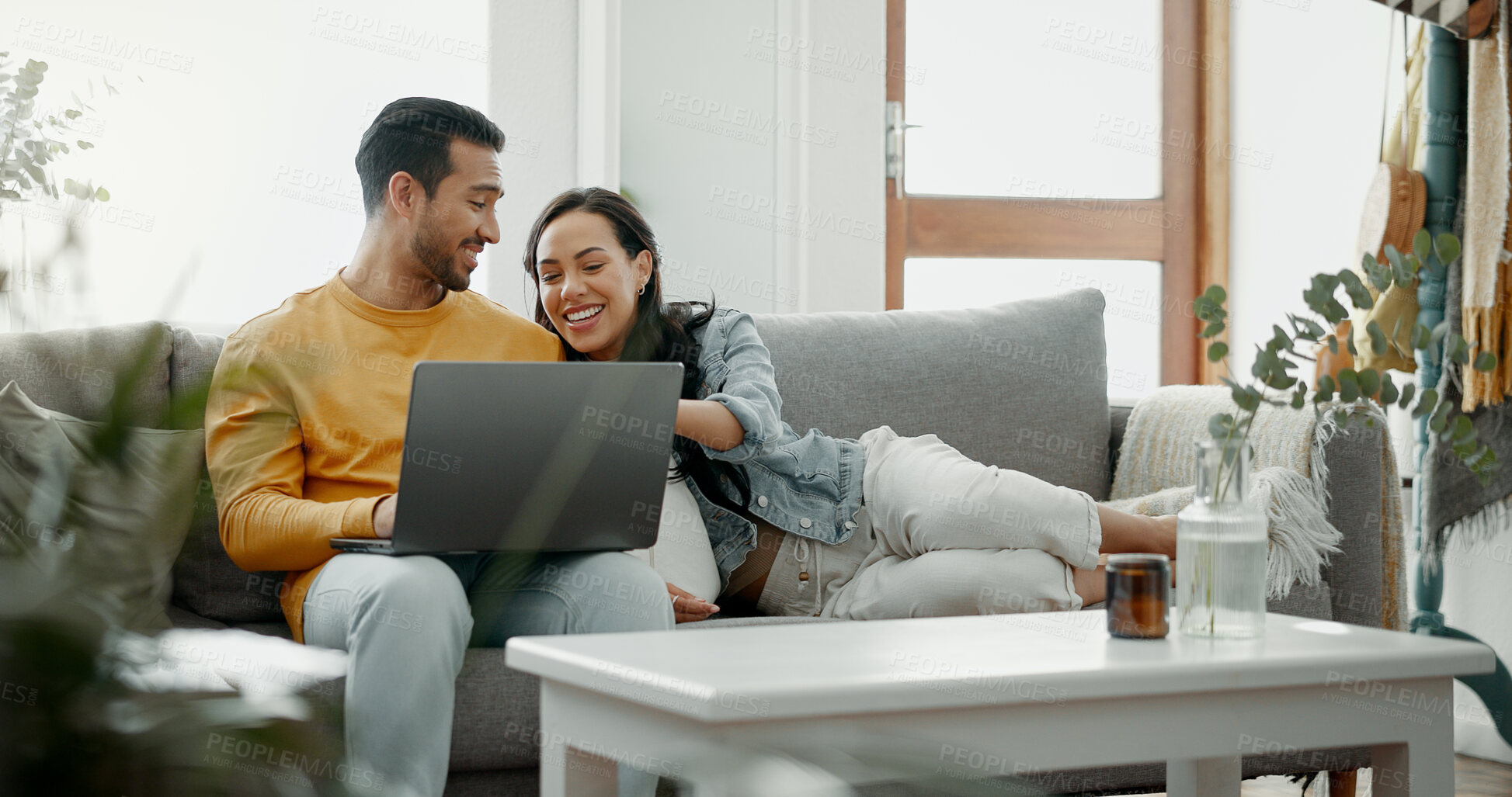 Buy stock photo Home laptop, happiness and couple smile, love and gesture at online shopping choice for furniture decision, couch or sofa. Bonding, relax and living room man, woman or people search omnichannel info