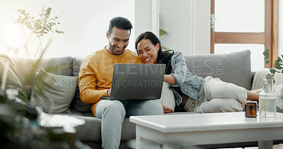 Buy stock photo Laptop, happy and couple laughing at comic video, social network blog or watch comedy movies. Lounge sofa, marriage love and home husband, wife or partner streaming media, film and people surfing web