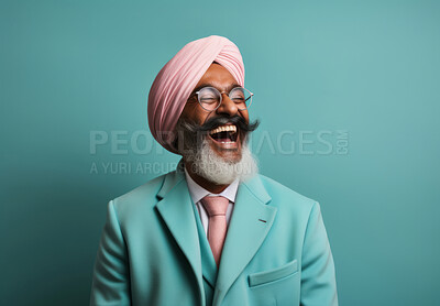 Buy stock photo Indian man wearing turban and suit. Laughing, happy Studio portrait. Religion concept.