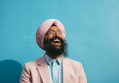 Buy stock photo Indian man wearing pink turban. Laughing, happy Studio portrait. Religion concept.