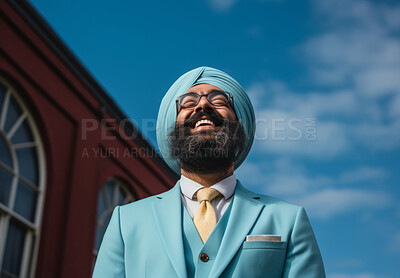 Buy stock photo Low angle shot of indian man wearing turban and suit. Ethnic, religion concept.