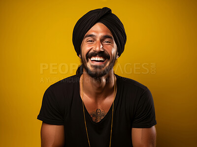 Buy stock photo Happy man with traditional turban. Studio portrait. Ethnic, religion concept.
