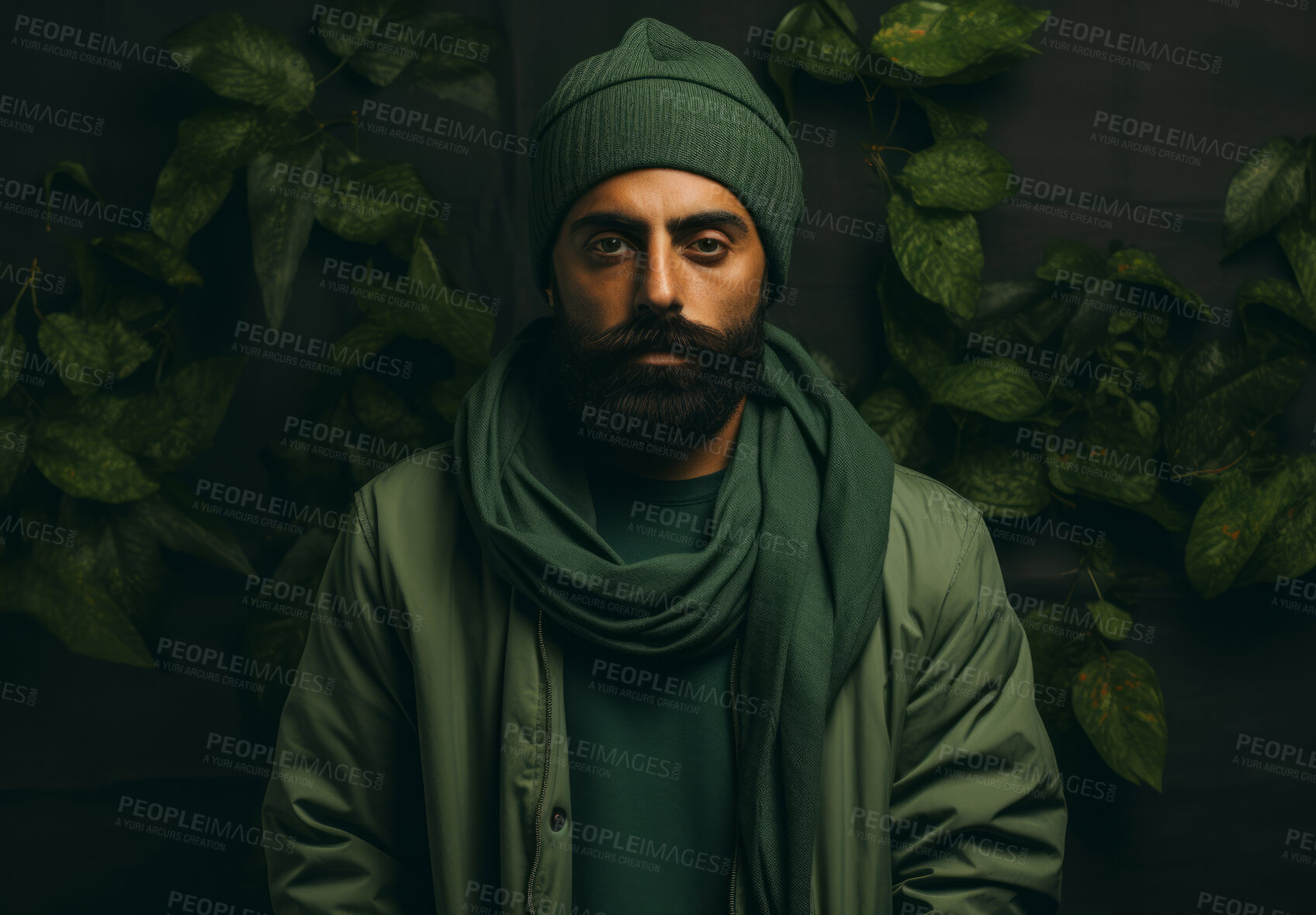 Buy stock photo Sikh Indian man wearing traditional green turban. Studio portrait. Religion concept.