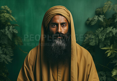 Buy stock photo Sikh Indian man wearing traditional yellow turban. Studio portrait. Religion concept.