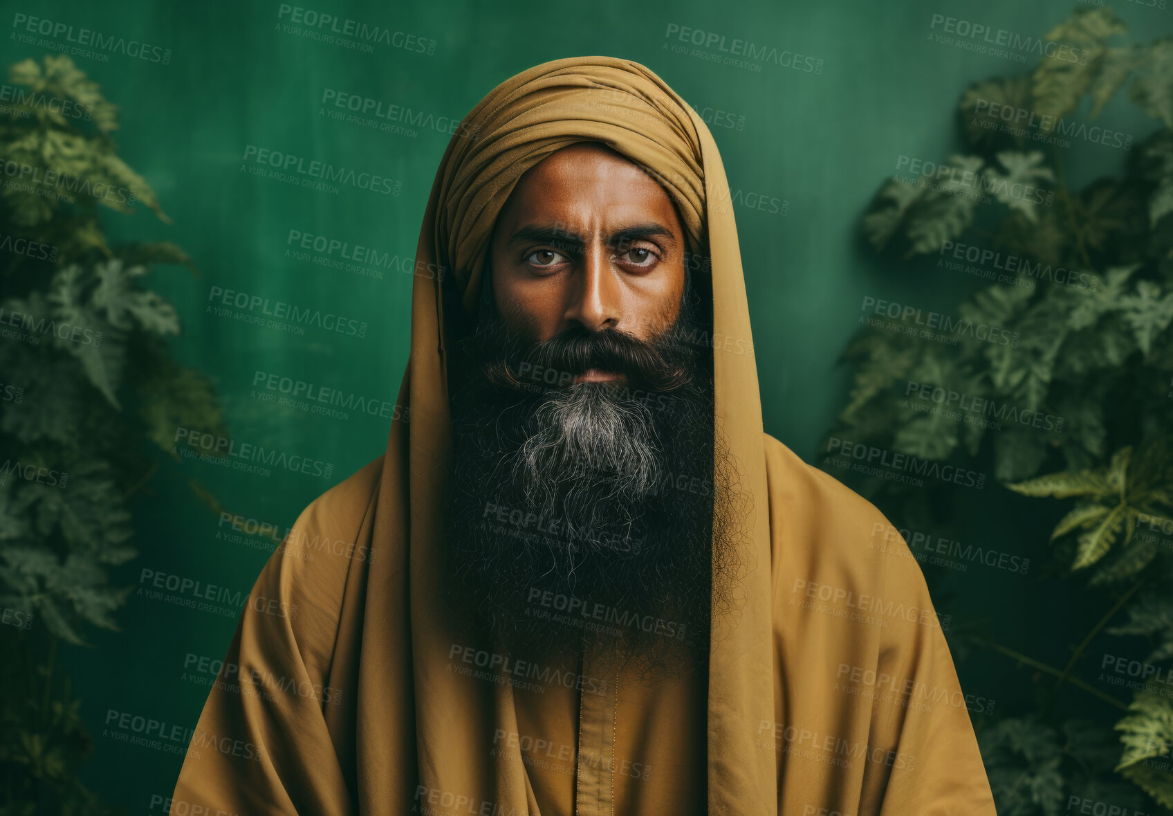 Buy stock photo Sikh Indian man wearing traditional yellow turban. Studio portrait. Religion concept.