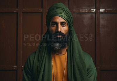 Buy stock photo Sikh Indian man wearing traditional green turban. Studio portrait. Religion concept.