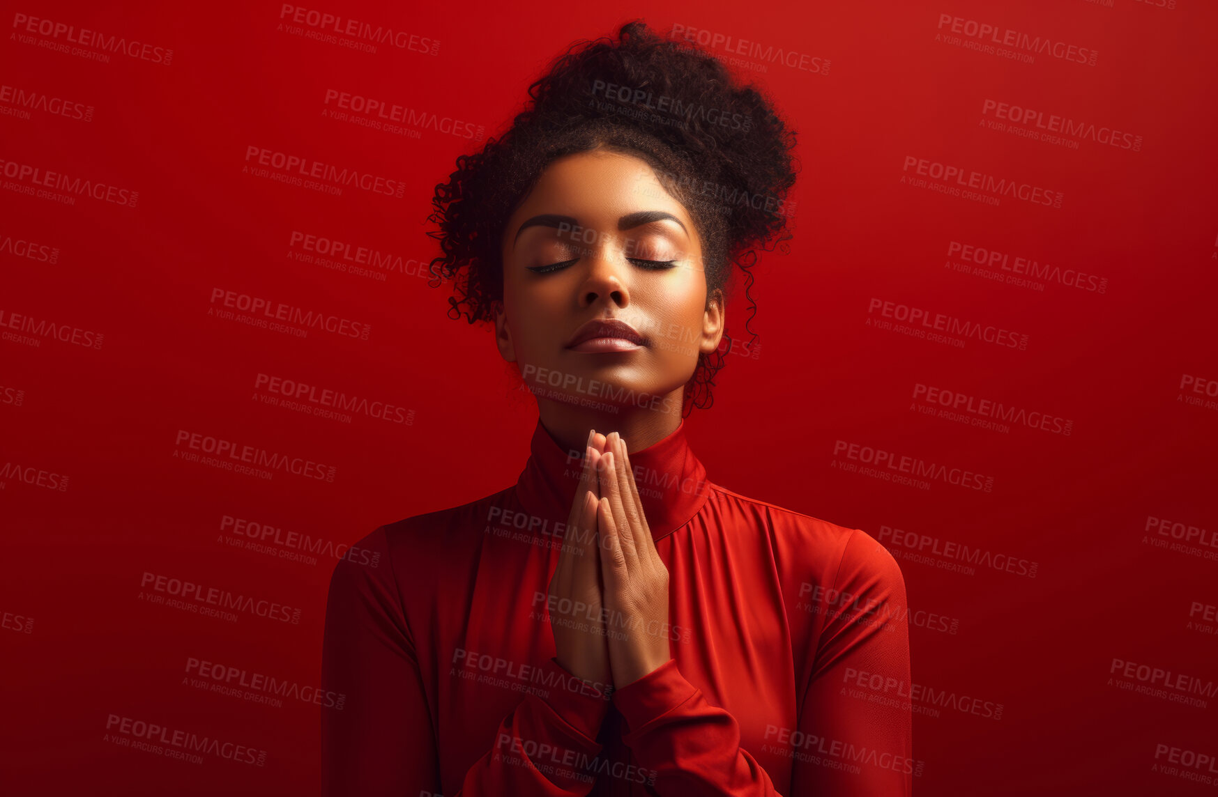 Buy stock photo African American woman praying. Studio portrait. Red backdrop. Religion concept.