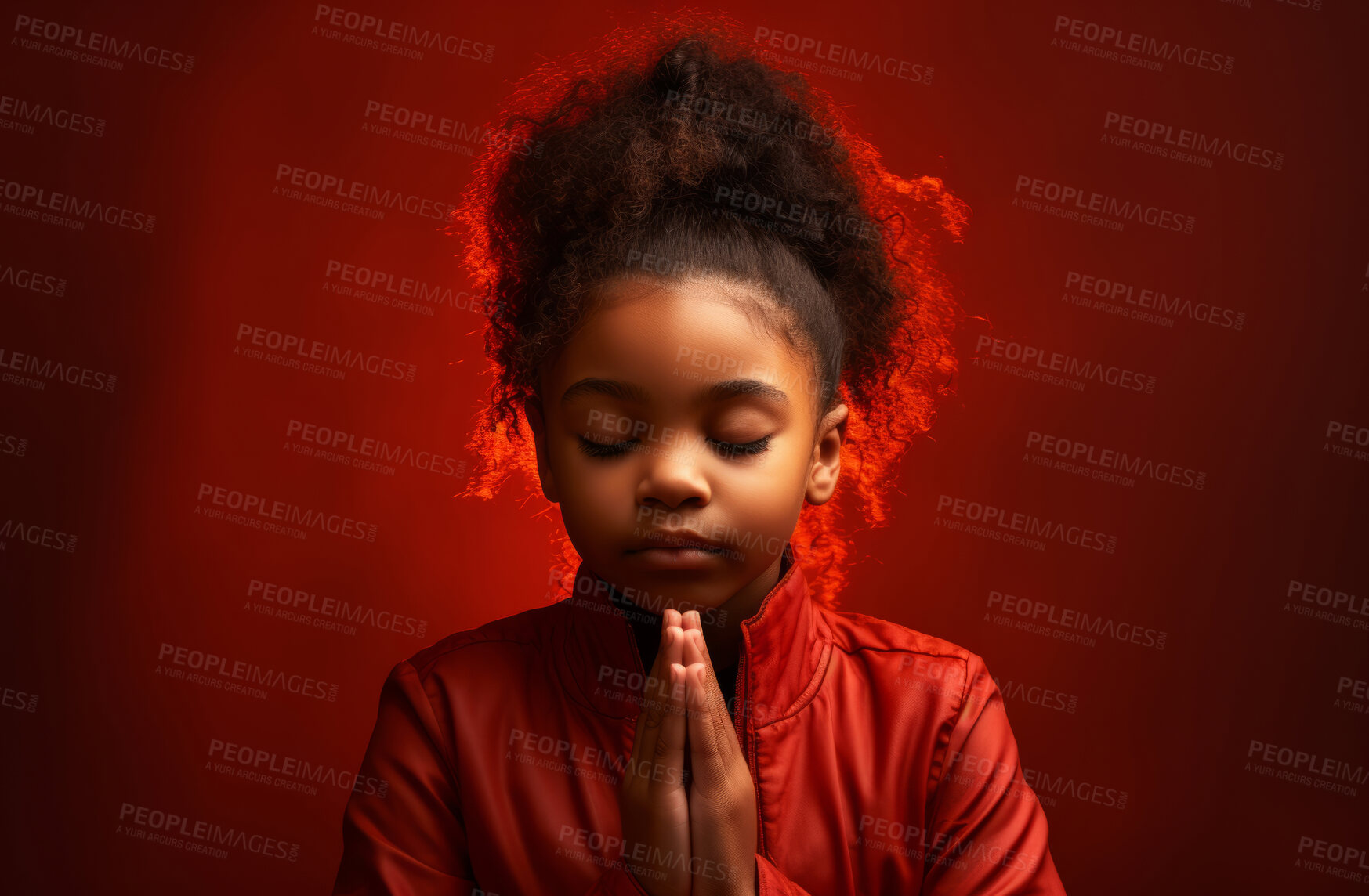 Buy stock photo African American child praying. Studio portrait. Red backdrop. Religion concept.