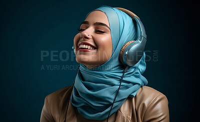 Buy stock photo Happy muslim girl wearing headphones in studio portrait. Religion concept.
