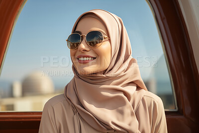 Buy stock photo Muslim woman outdoors smiling. Travel concept. Religion concept.