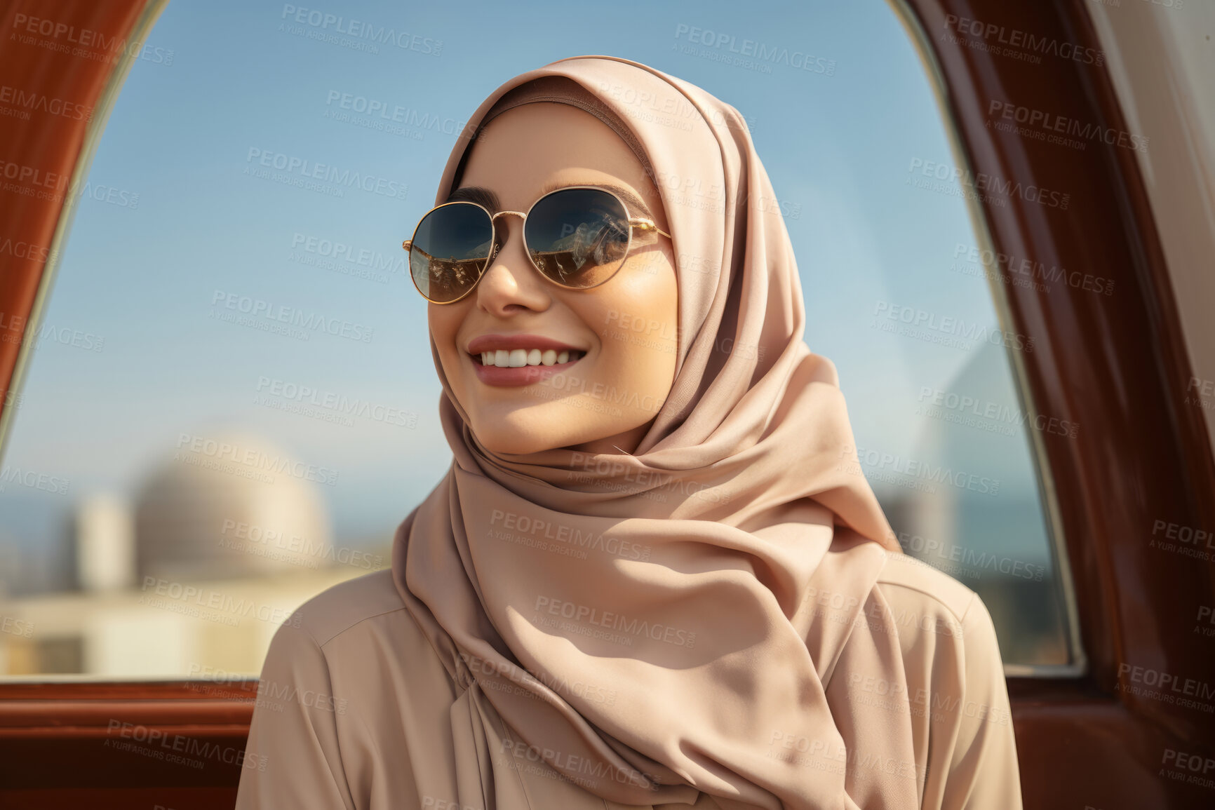 Buy stock photo Muslim woman outdoors smiling. Travel concept. Religion concept.