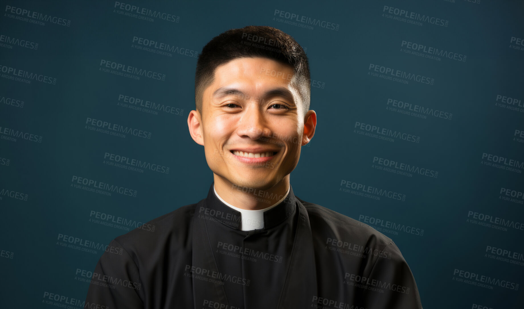 Buy stock photo Portrait of asian priest smiling. Against backdrop. Religion concept.
