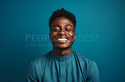 Buy stock photo Portrait of African American priest smiling eyes closed. Against backdrop. Religion concept.