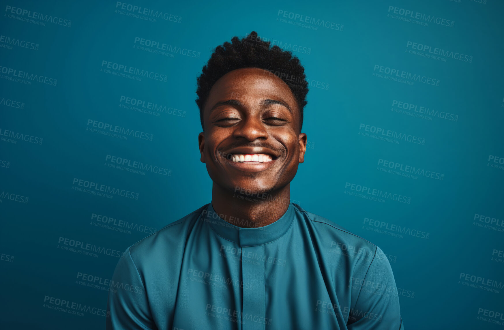 Buy stock photo Portrait of African American priest smiling eyes closed. Against backdrop. Religion concept.