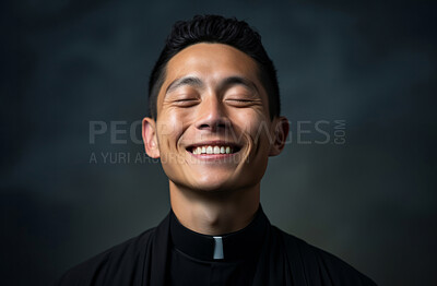 Buy stock photo Portrait of asian priest smiling eyes closed. Against backdrop. Religion concept.