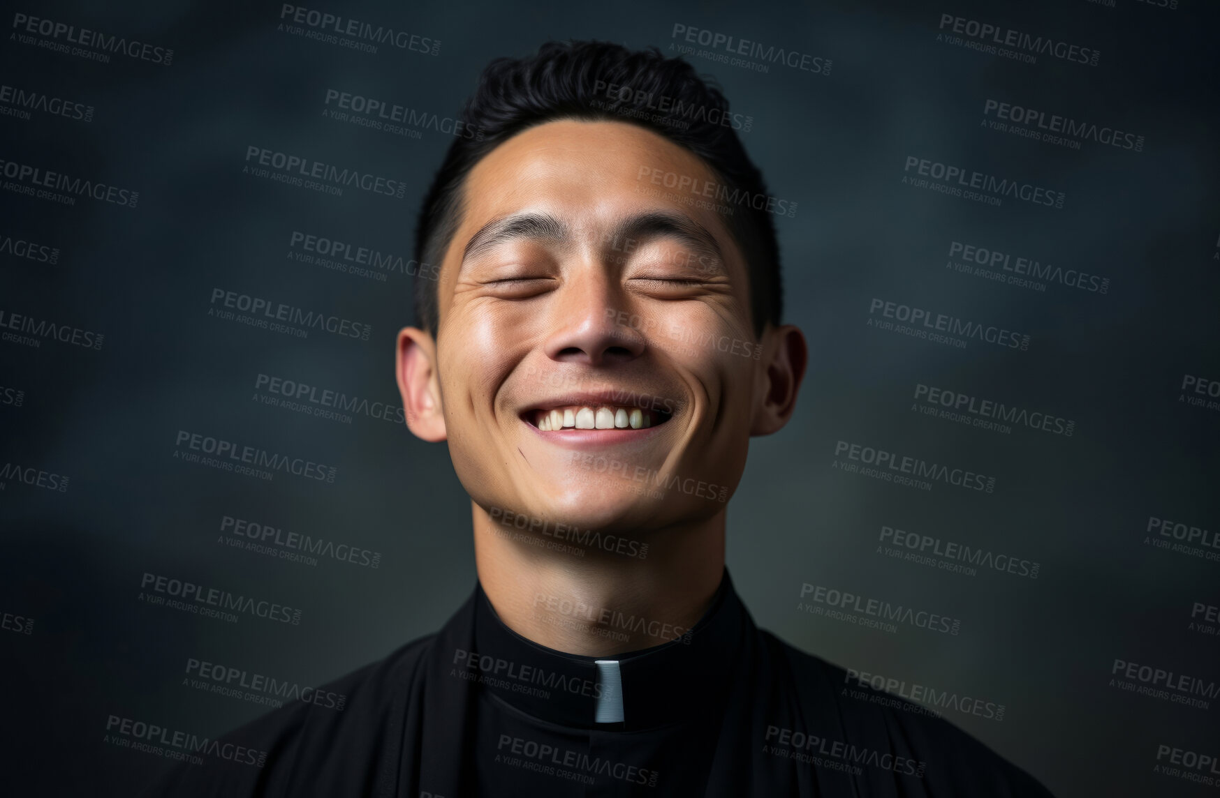 Buy stock photo Portrait of asian priest smiling eyes closed. Against backdrop. Religion concept.