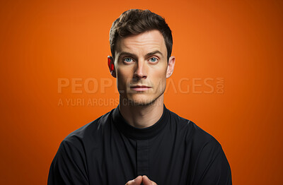 Buy stock photo Studio portrait of priest against orange backdrop. Religion concept.