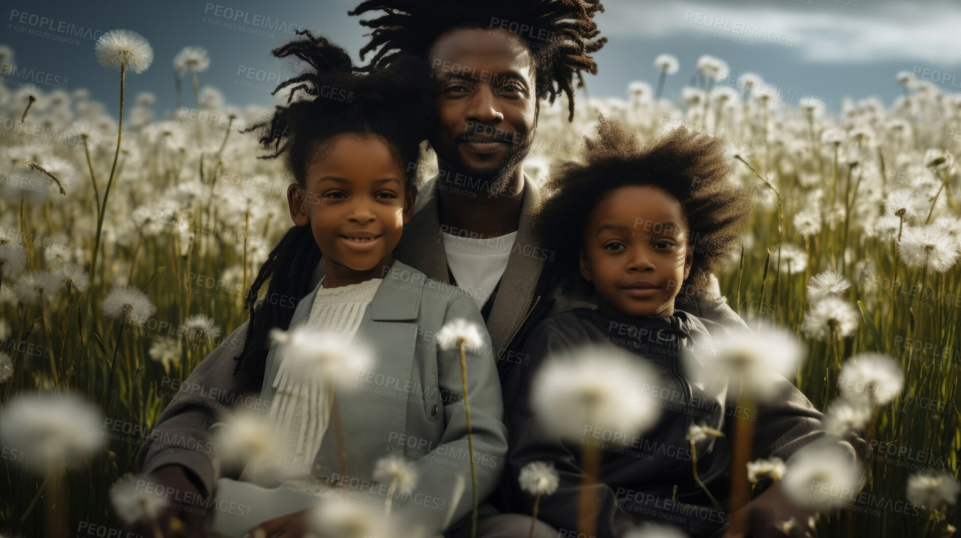 Buy stock photo Family in dandelion meadow together. Happy dad with children on freedom adventure