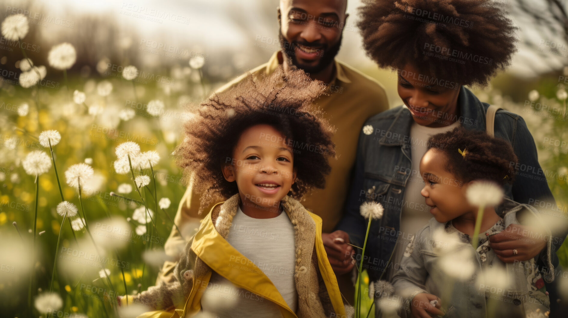 Buy stock photo Family in dandelion meadow together. Happy parents with children on freedom adventure