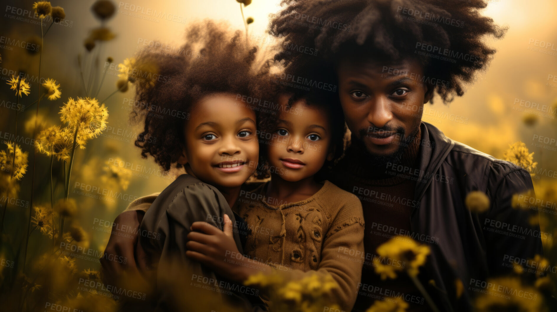 Buy stock photo Family in dandelion meadow together. Happy dad with children on freedom adventure