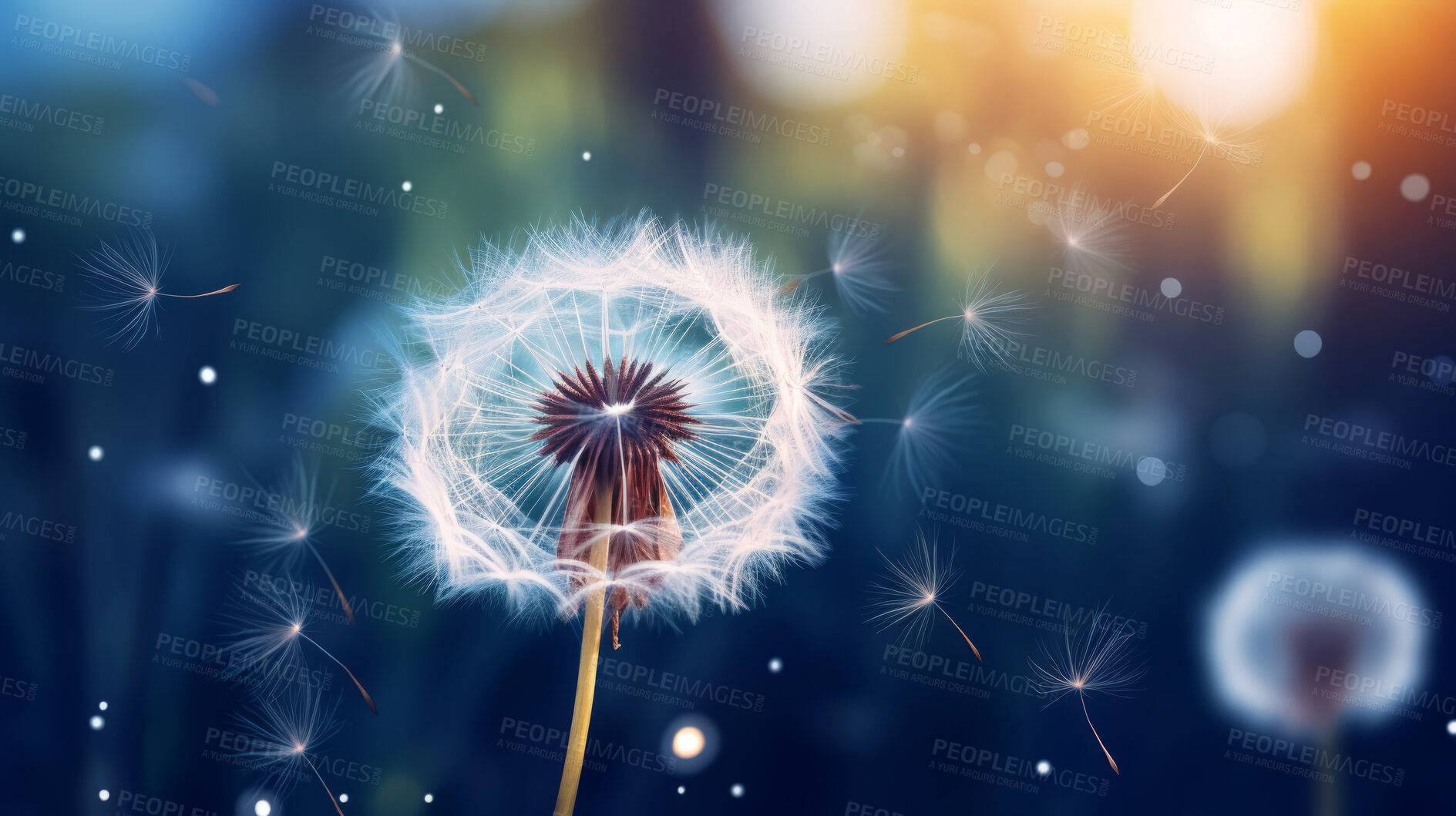 Buy stock photo Dandelion seeds blowing in the wind. Change, growth, movement and direction concept