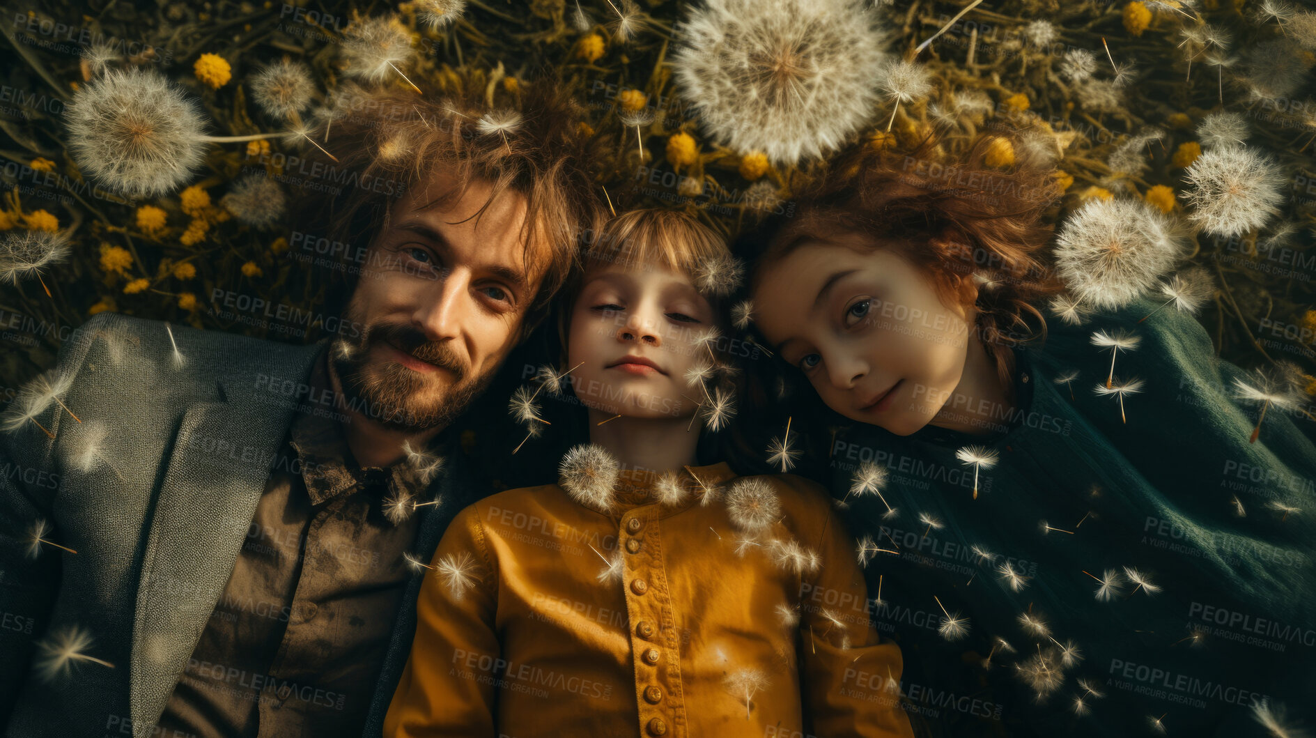 Buy stock photo Family in dandelion meadow together. Happy dad with children on freedom adventure