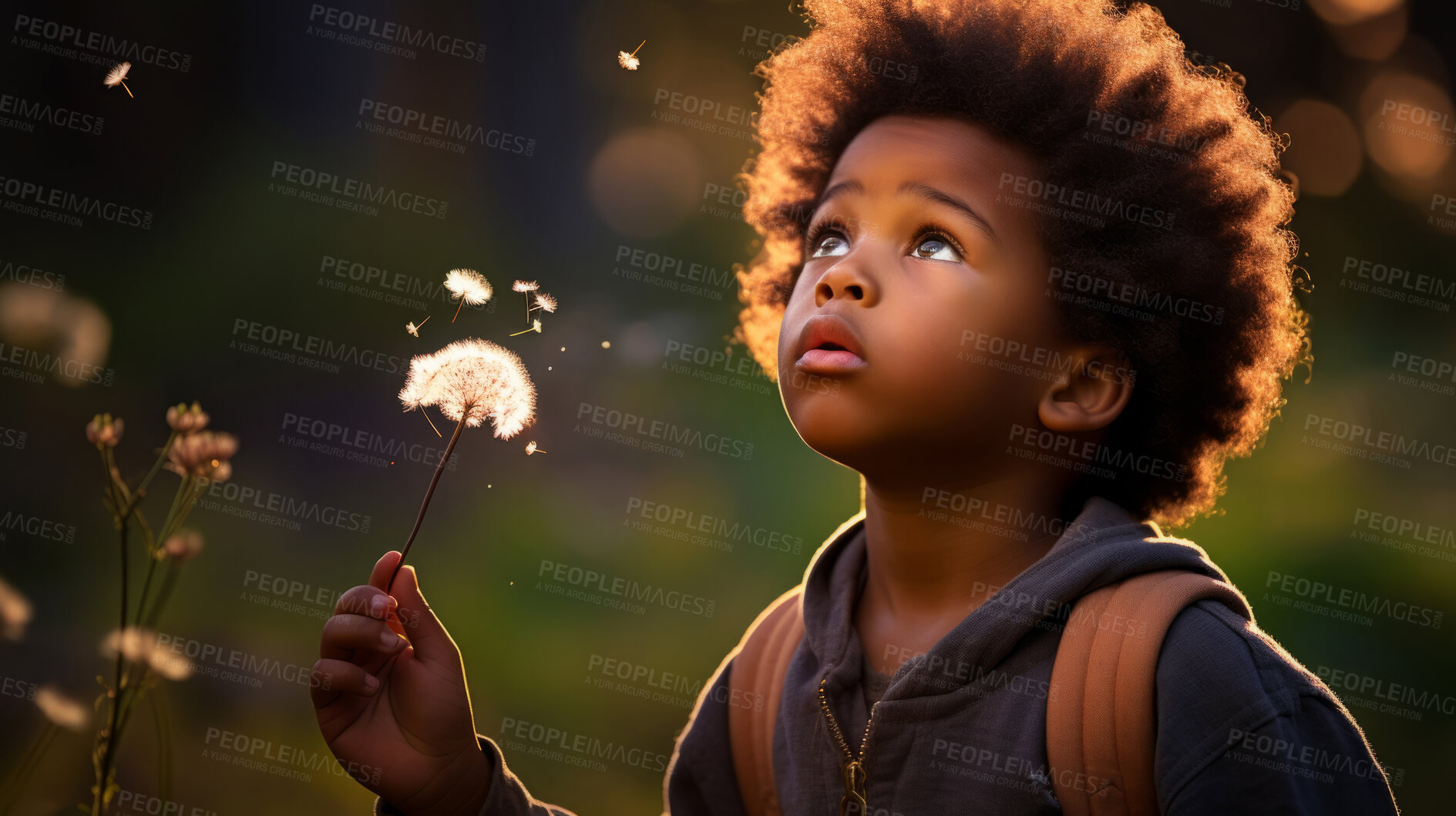 Buy stock photo Boy with dandelions in a sunny flower meadow. Seasonal outdoor activities for children