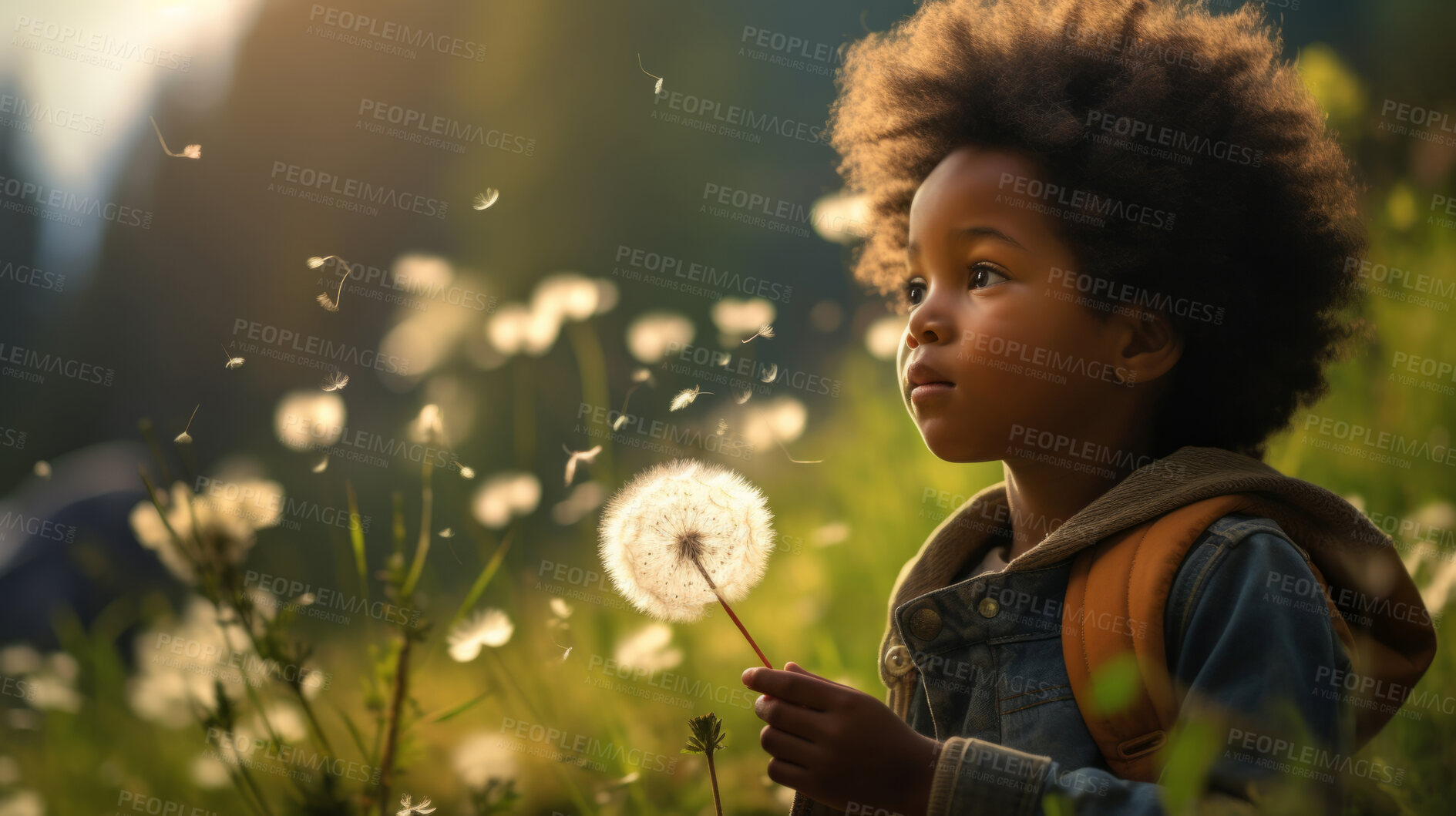 Buy stock photo Boy with dandelions in a sunny flower meadow. Seasonal outdoor activities for children