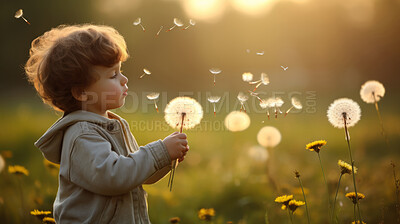 Buy stock photo Boy with dandelions in a sunny flower meadow. Seasonal outdoor activities for children